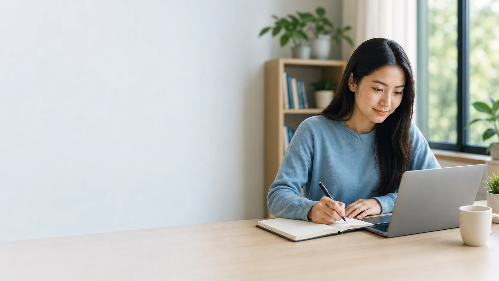 Learner studying with a laptop in a calm workspace